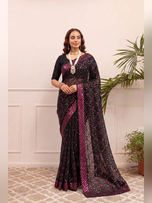 Peachmode Black & Magenta Georgette Saree with Sequins Embroidery - Image 1
