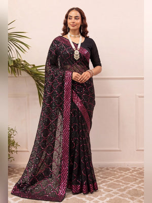 Peachmode Black & Magenta Georgette Saree with Sequins Embroidery - Image 2