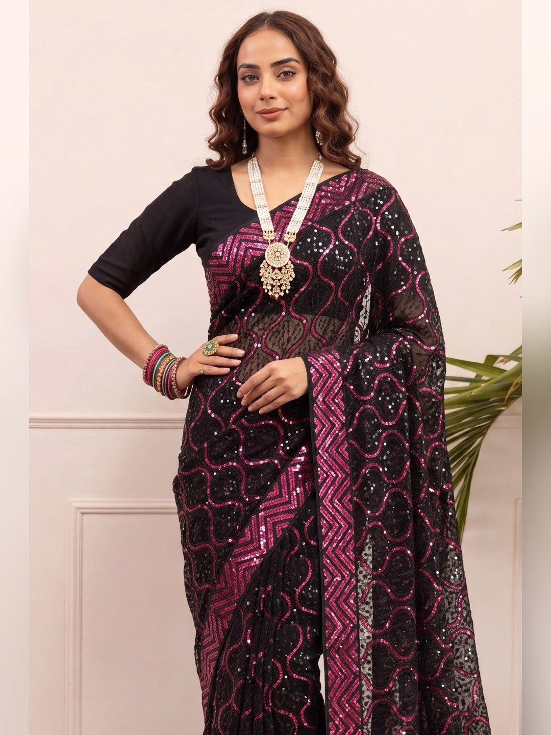 Peachmode Black & Magenta Georgette Saree with Sequins Embroidery - Image 4