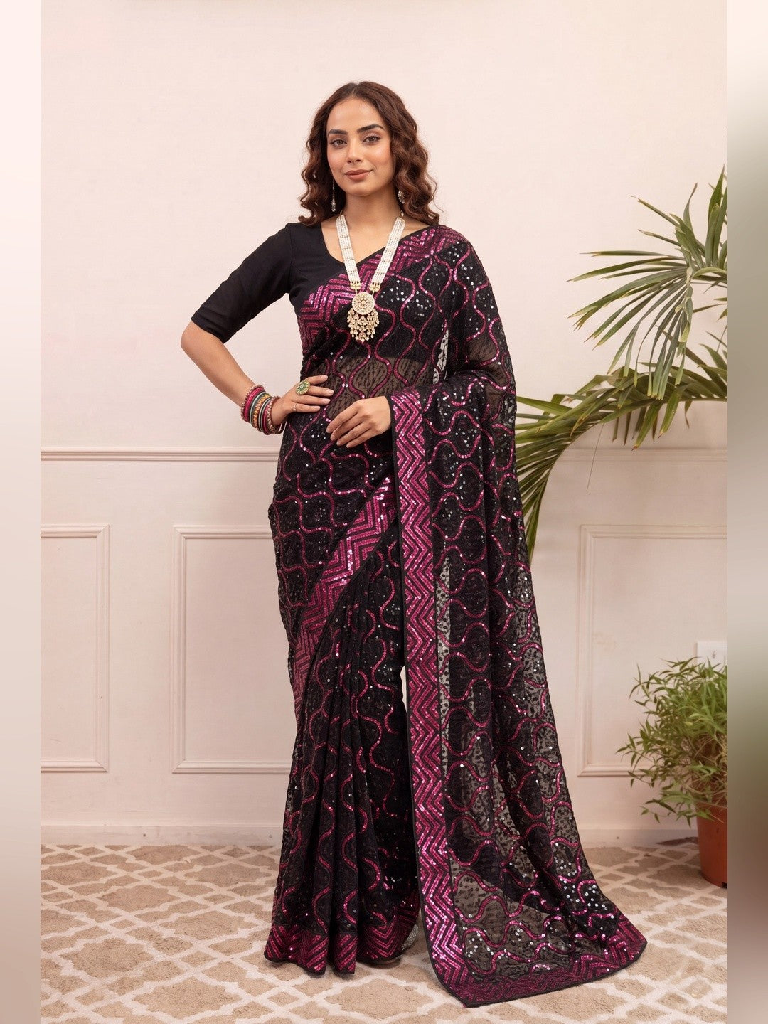 Peachmode Black & Magenta Georgette Saree with Sequins Embroidery - Image 5