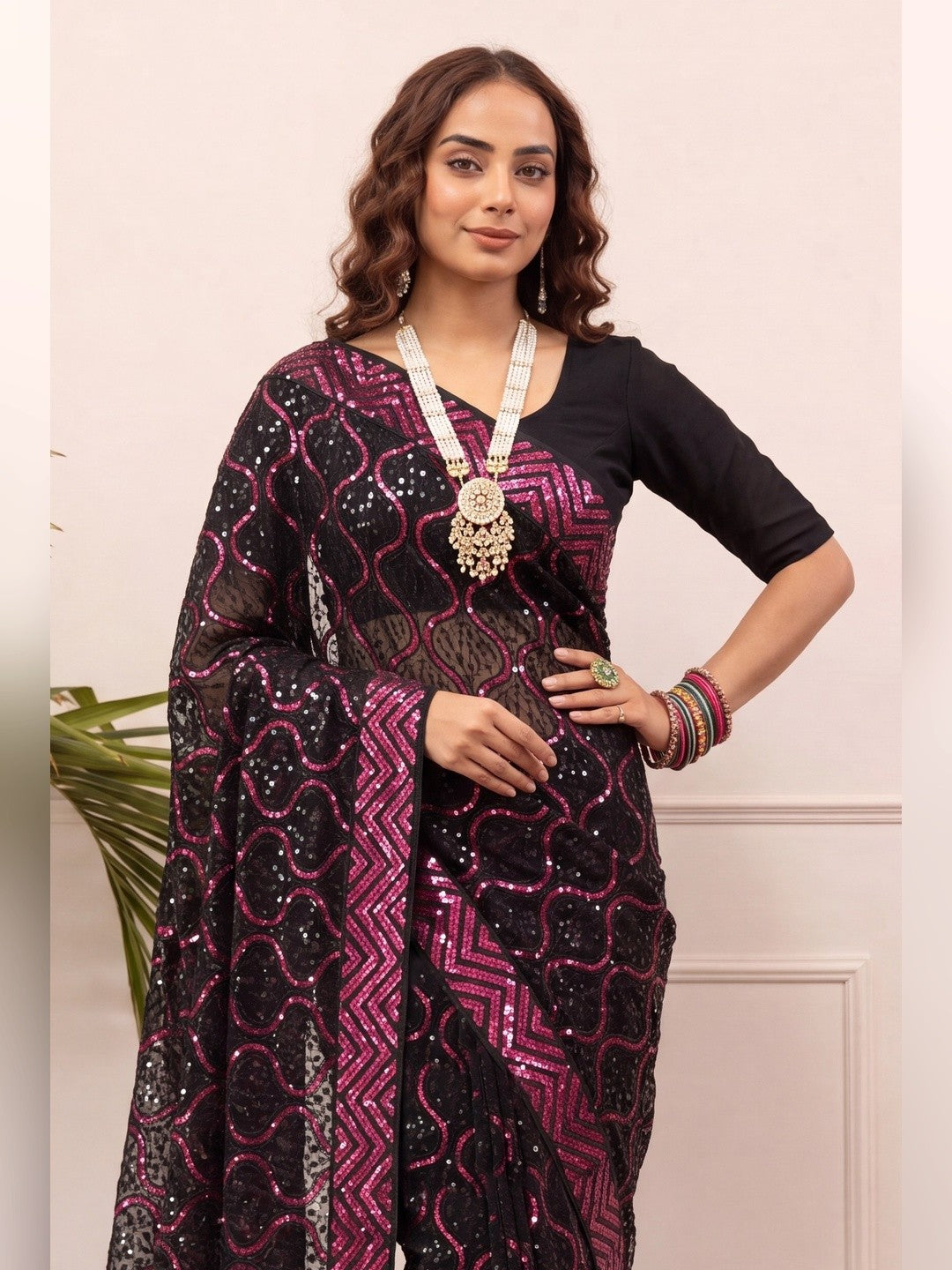 Peachmode Black & Magenta Georgette Saree with Sequins Embroidery - Image 6