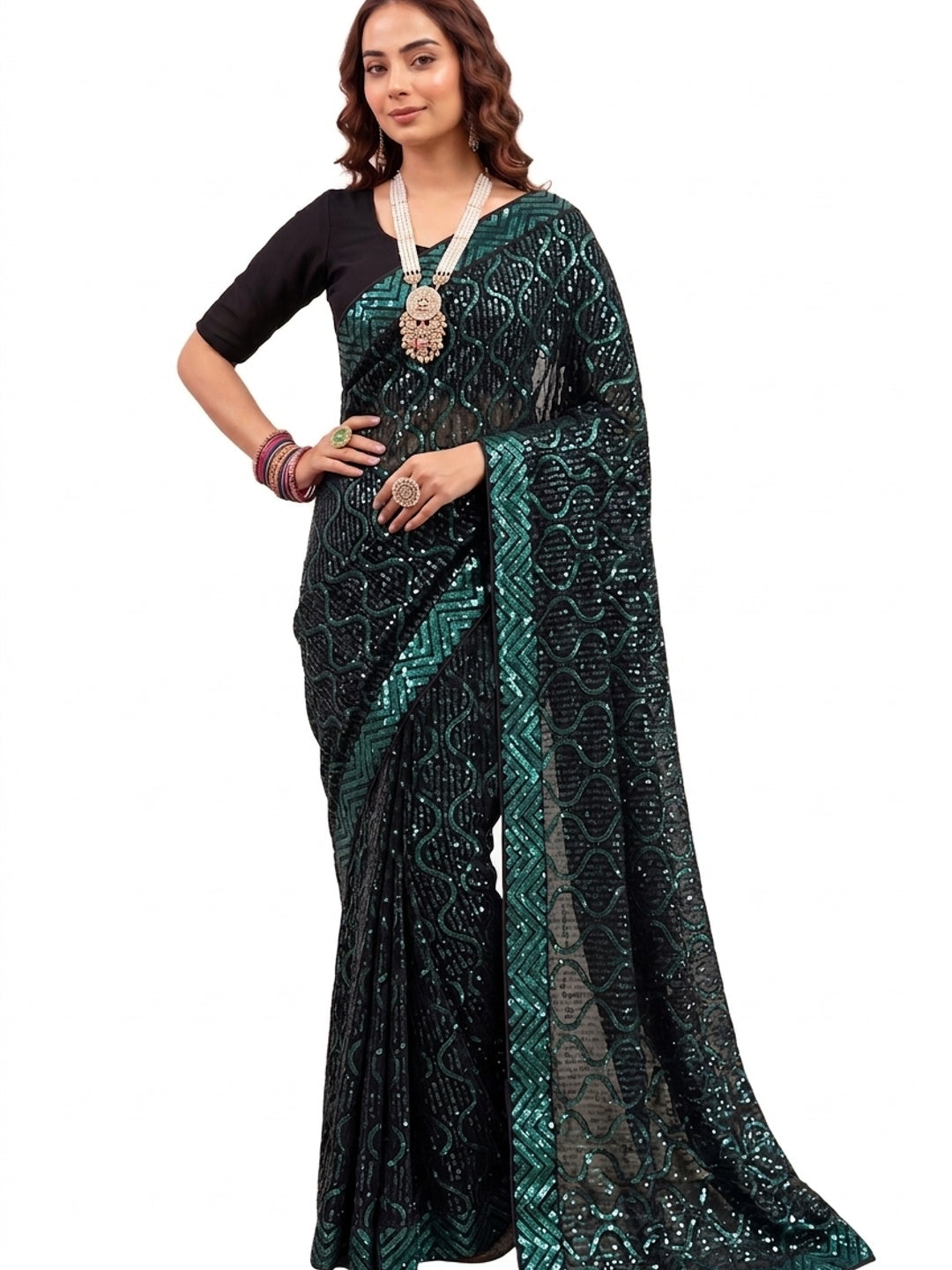Peachmode Black & Teal Georgette Saree with Sequins Embroidery - Image 7