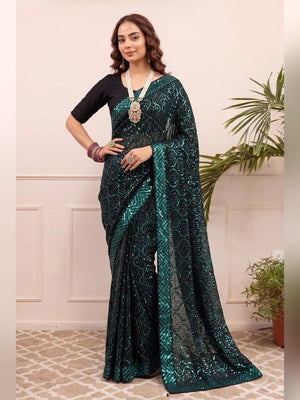 Peachmode Black & Teal Georgette Saree with Sequins Embroidery - Image 1