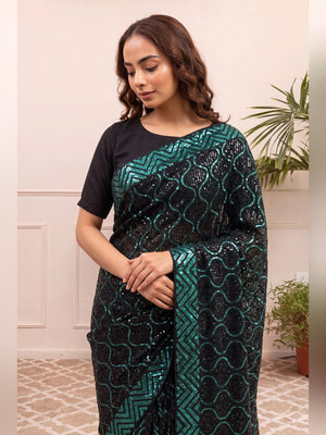 Peachmode Black & Teal Georgette Saree with Sequins Embroidery - Image 2