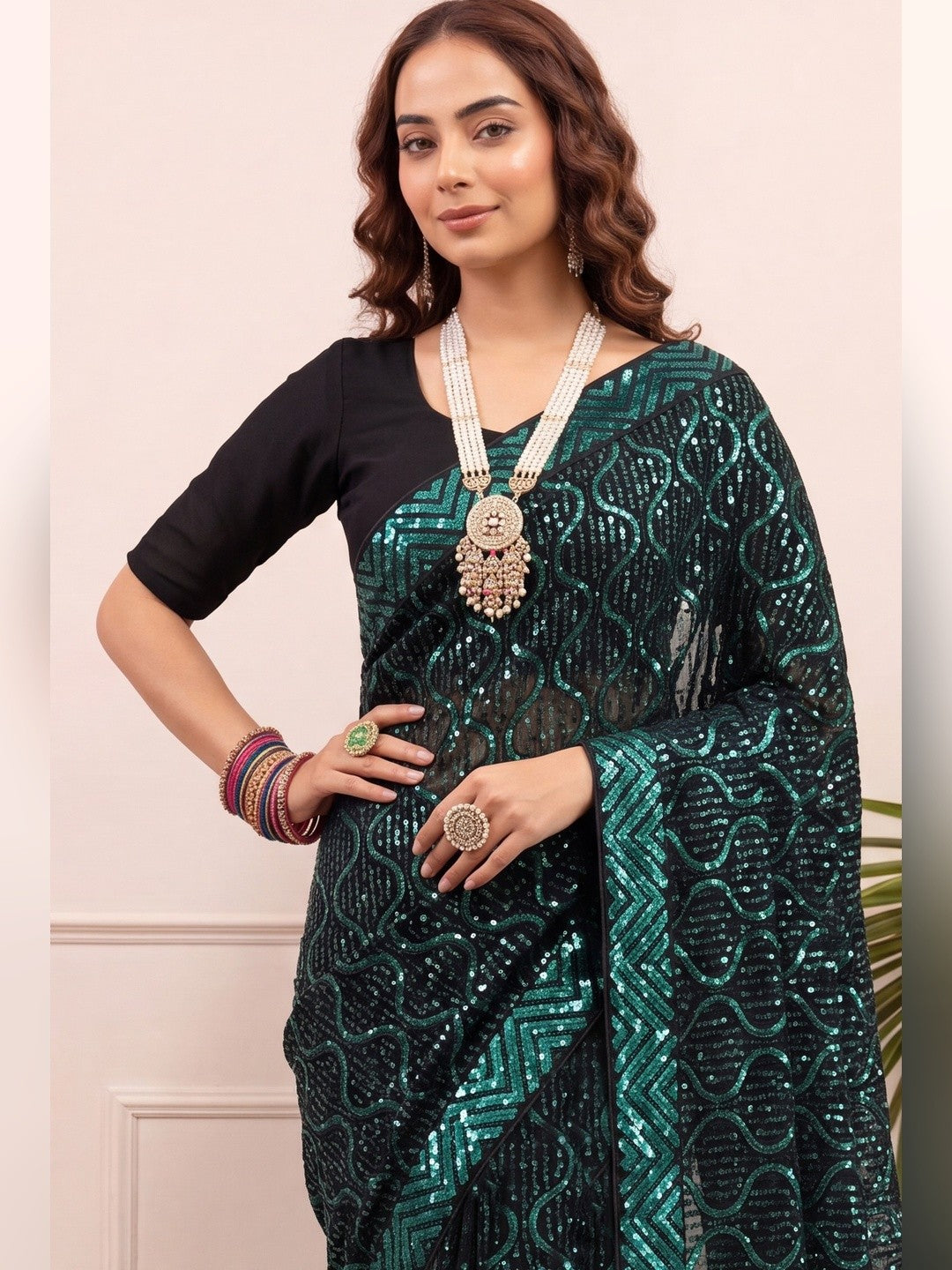 Peachmode Black & Teal Georgette Saree with Sequins Embroidery - Image 3