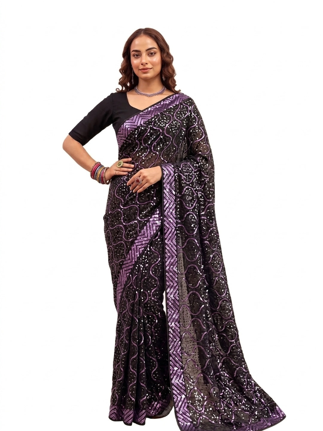 Peachmode Black & Purple Georgette Saree with Sequins Embroidery - Image 7