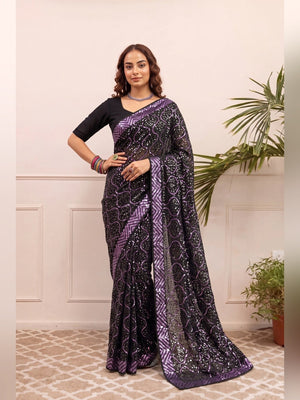 Peachmode Black & Purple Georgette Saree with Sequins Embroidery - Image 1