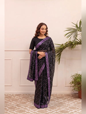 Peachmode Black & Purple Georgette Saree with Sequins Embroidery - Image 2