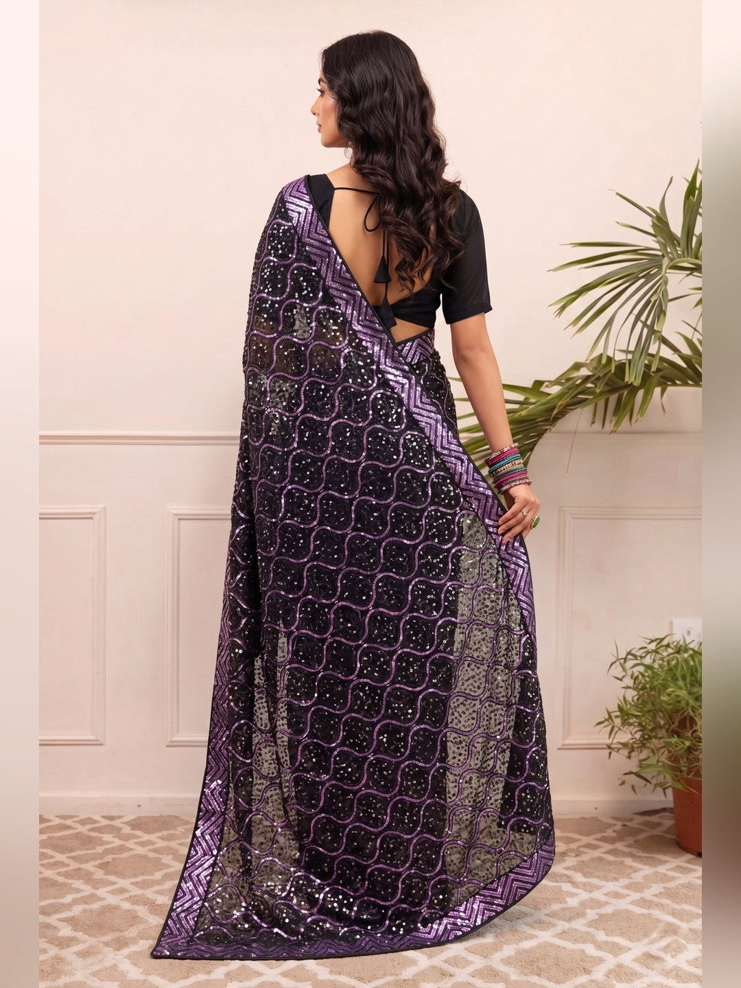Peachmode Black & Purple Georgette Saree with Sequins Embroidery - Image 5