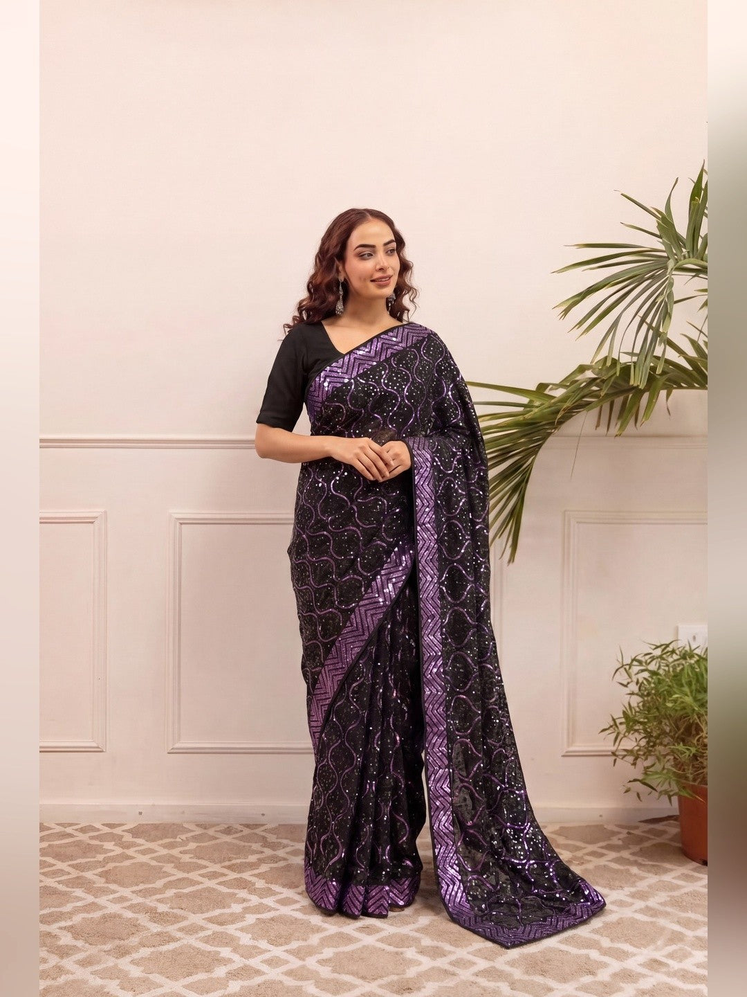 Peachmode Black & Purple Georgette Saree with Sequins Embroidery - Image 6