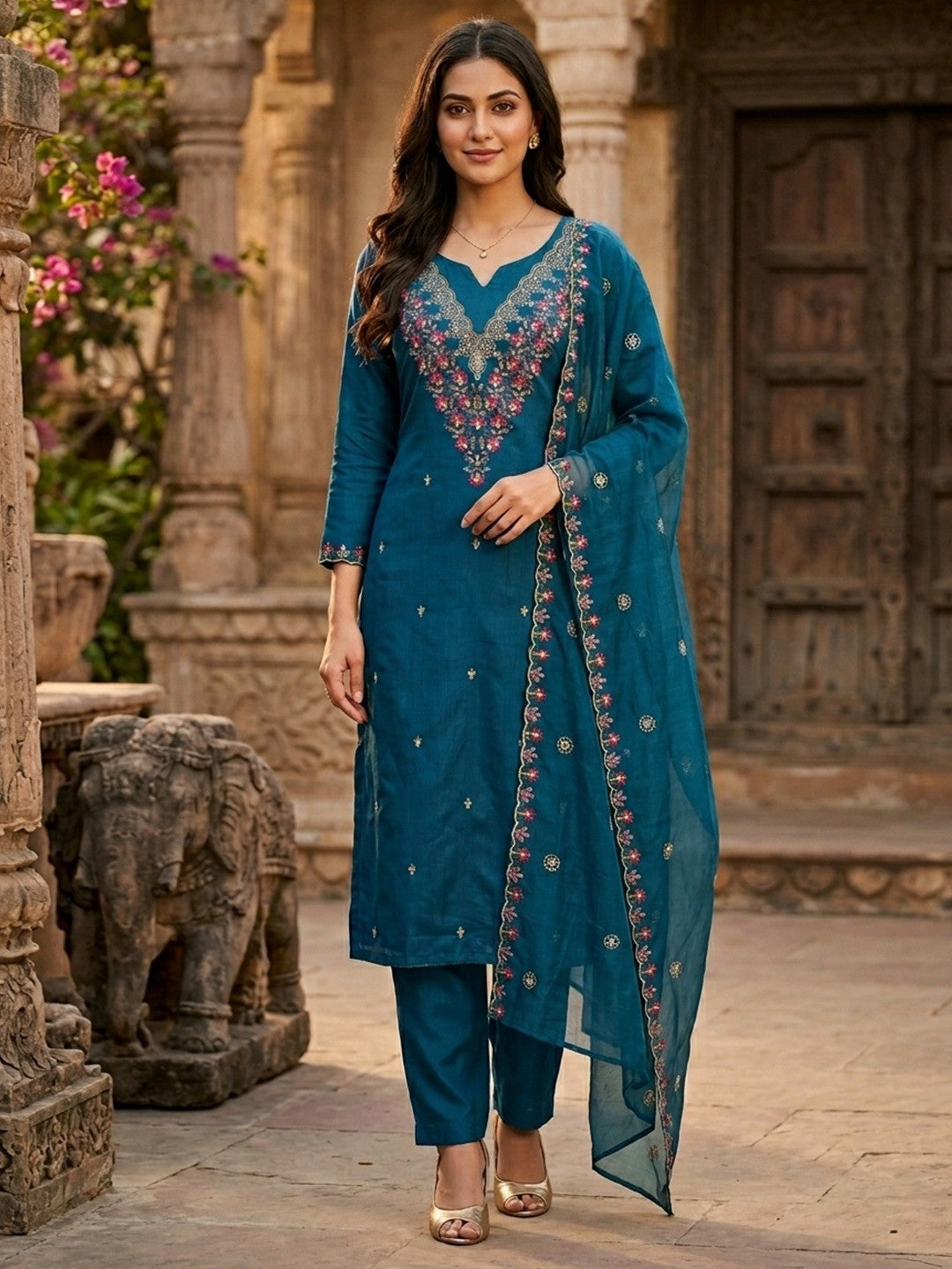 Peachmode Blue Art Silk Dress Material with Floral Embroidery - Image 1