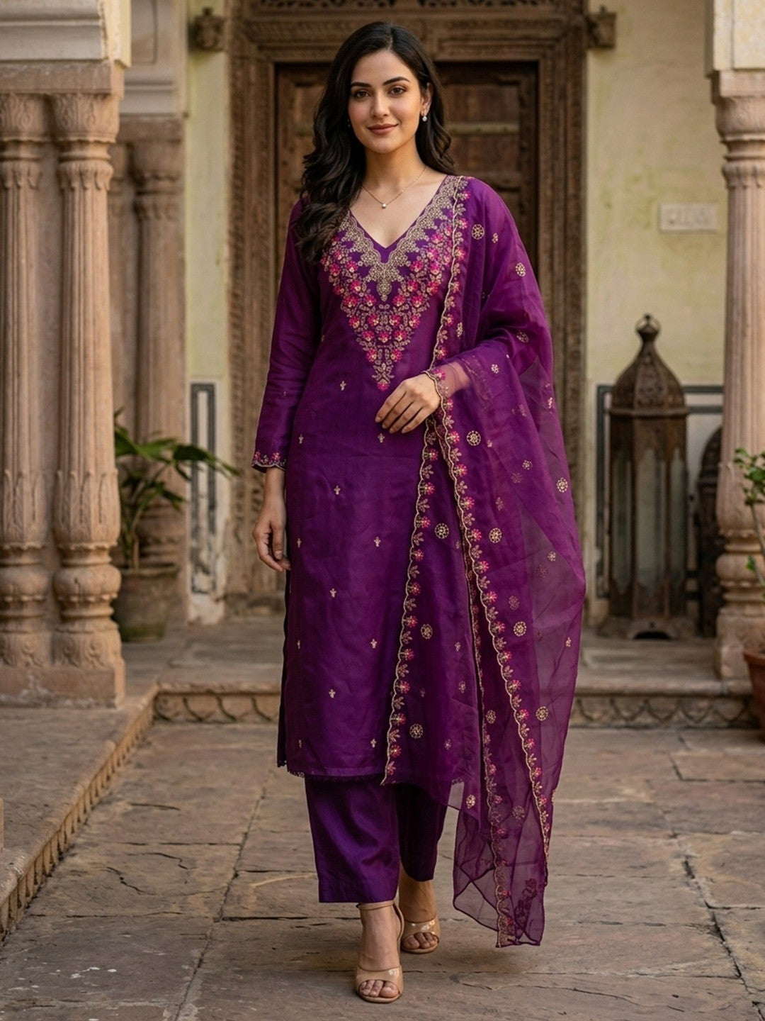 Peachmode Purple Art Silk Dress Material with Floral - Image 1