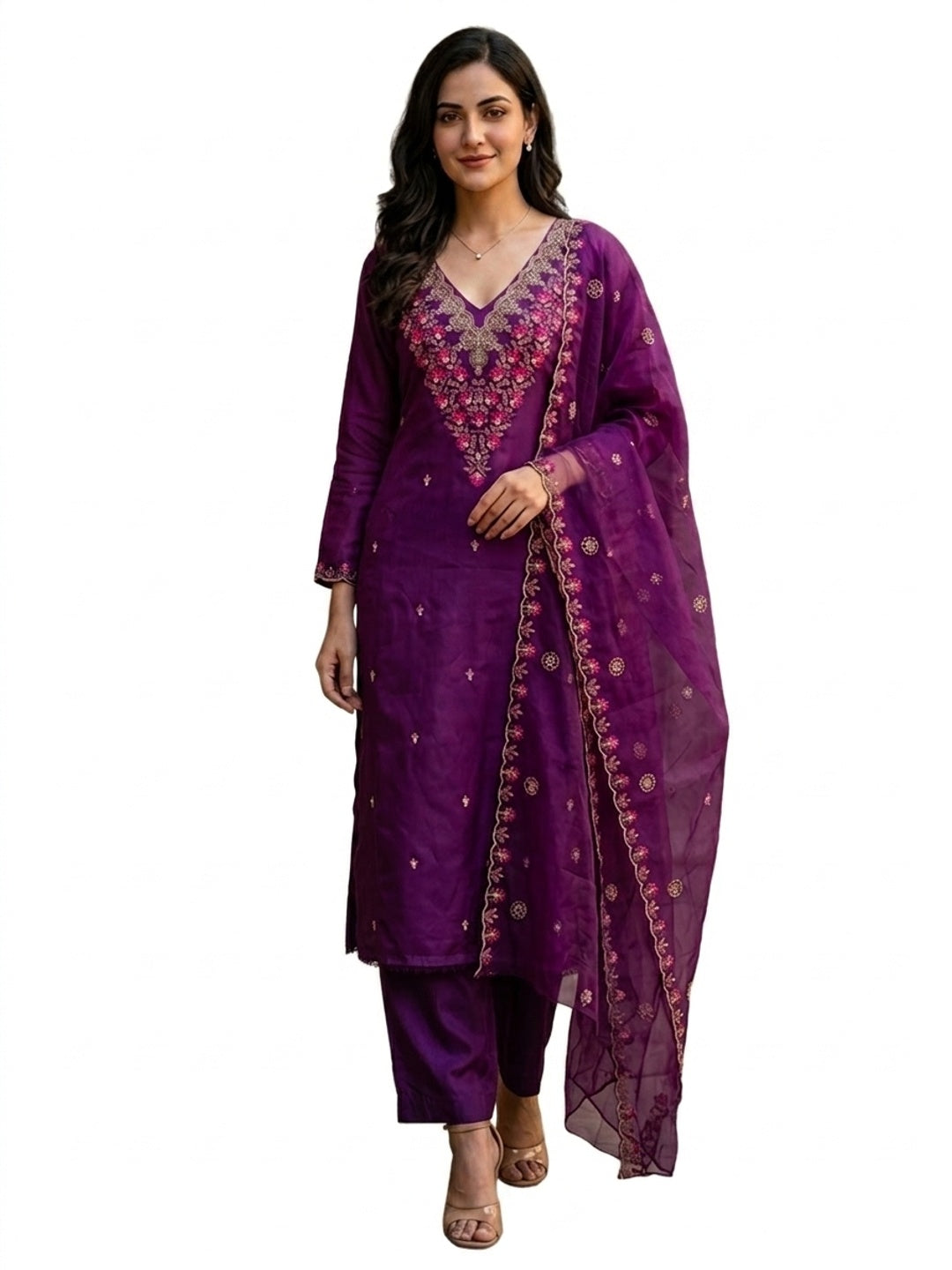 Peachmode Purple Art Silk Dress Material with Floral - Image 5