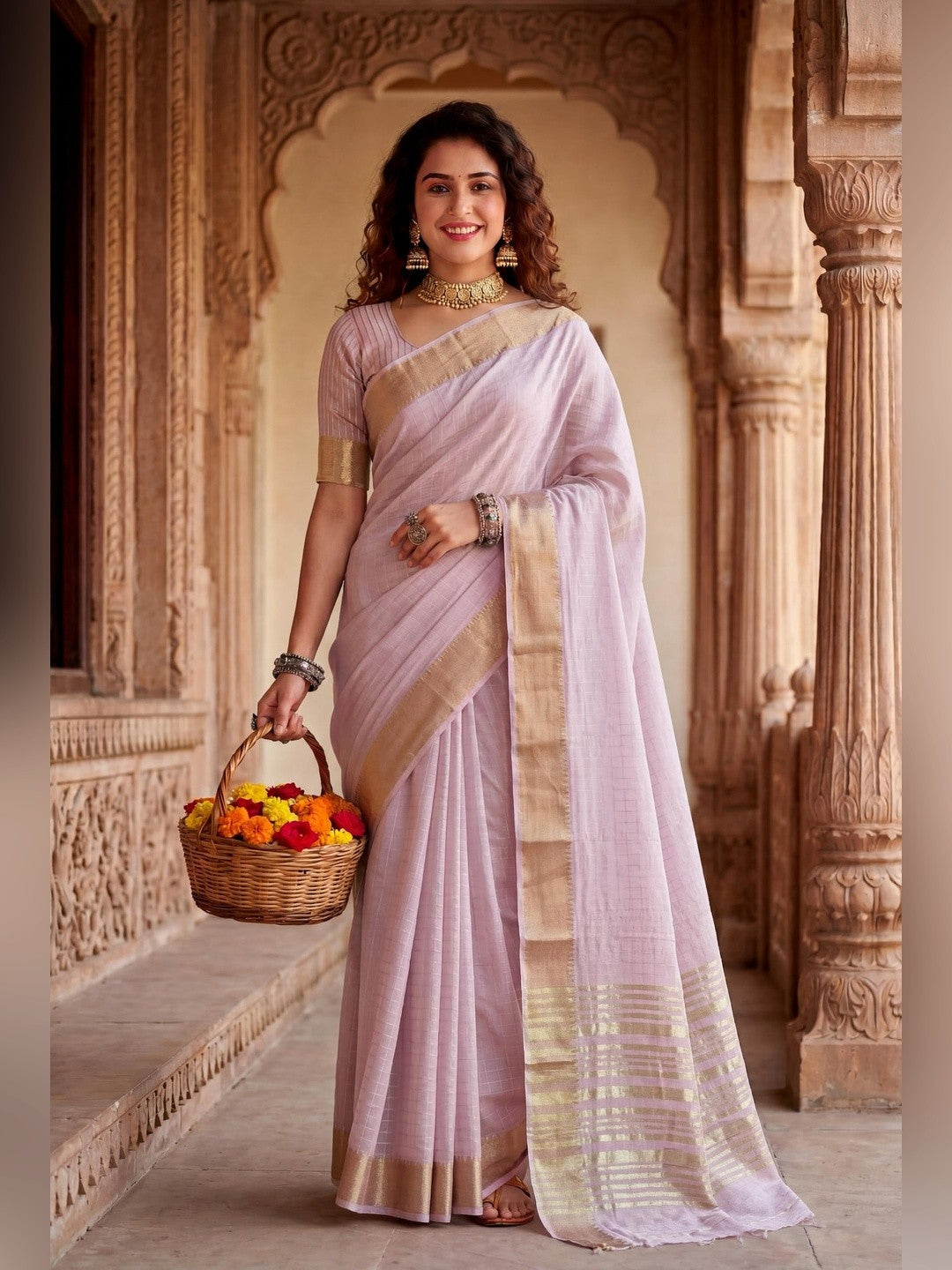 Peachmode Lavender Linen Cotton Silk Zari Saree - Image 1