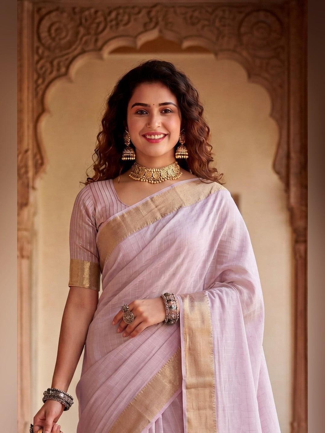 Peachmode Lavender Linen Cotton Silk Zari Saree - Image 2