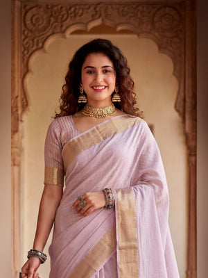Peachmode Lavender Linen Cotton Silk Zari Saree - Image 2