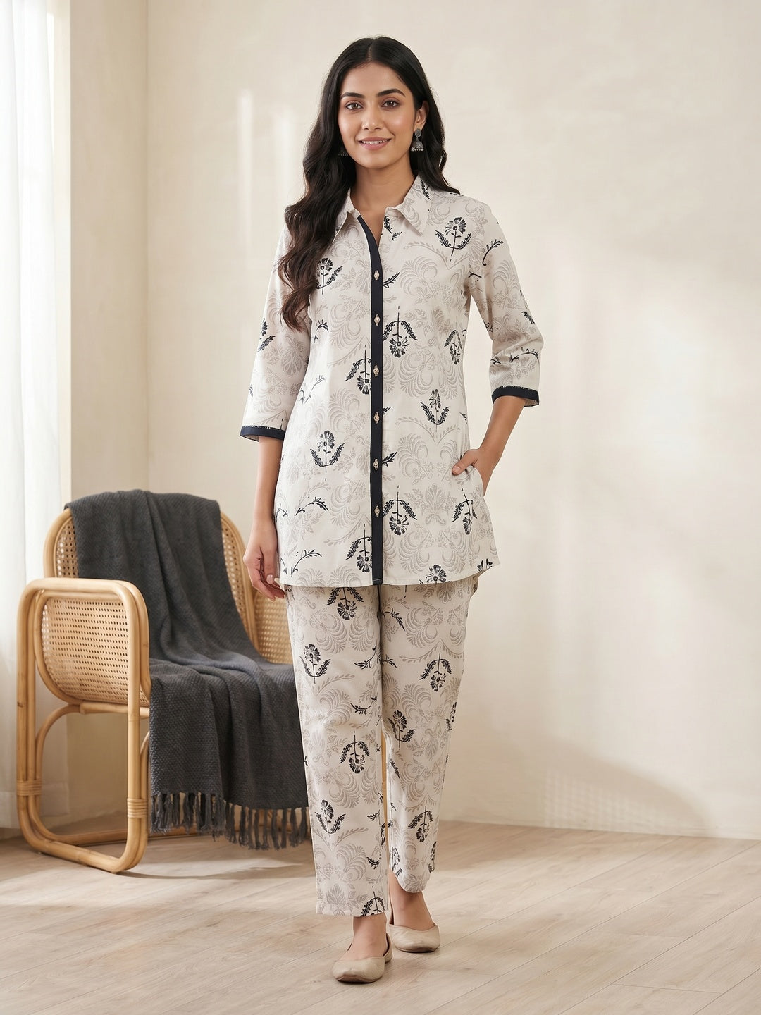 White Cotton Flex Floral Printed Top Bottom Set - Image 1