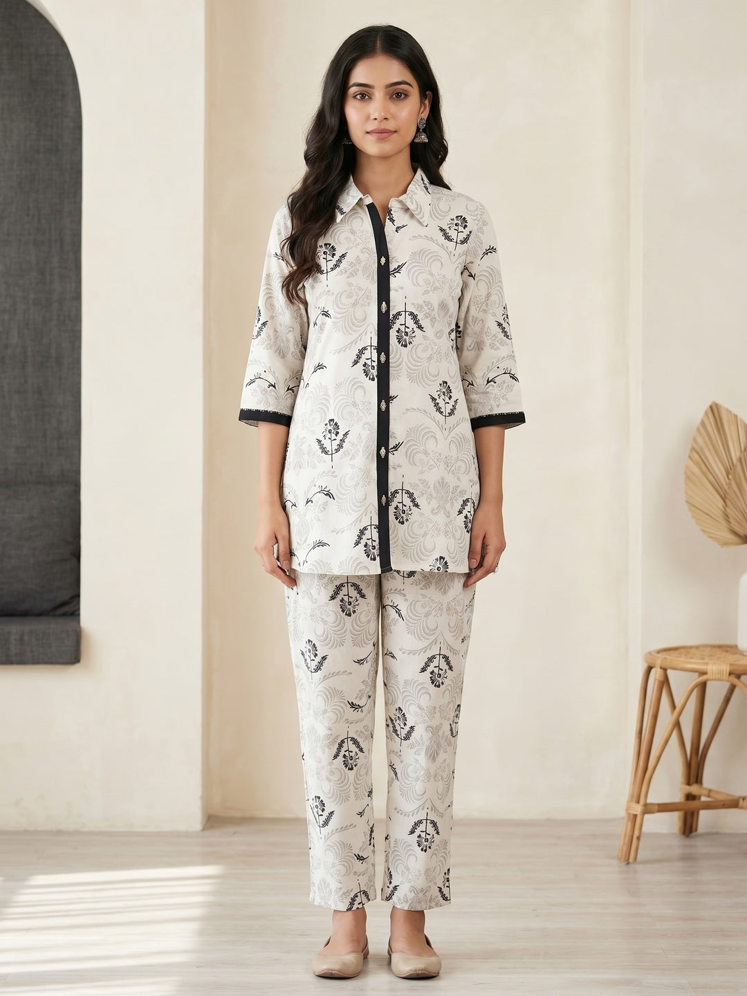 White Cotton Flex Floral Printed Top Bottom Set - Image 2