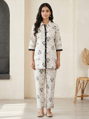 White Cotton Flex Floral Printed Top Bottom Set - Image 2