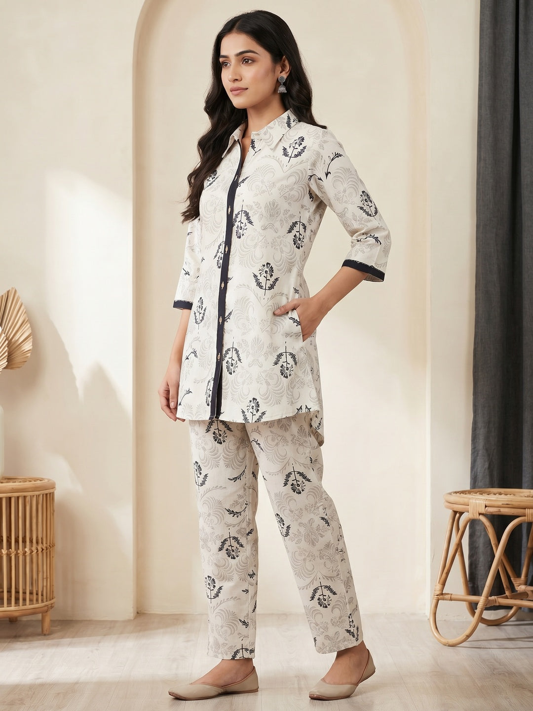 White Cotton Flex Floral Printed Top Bottom Set - Image 3
