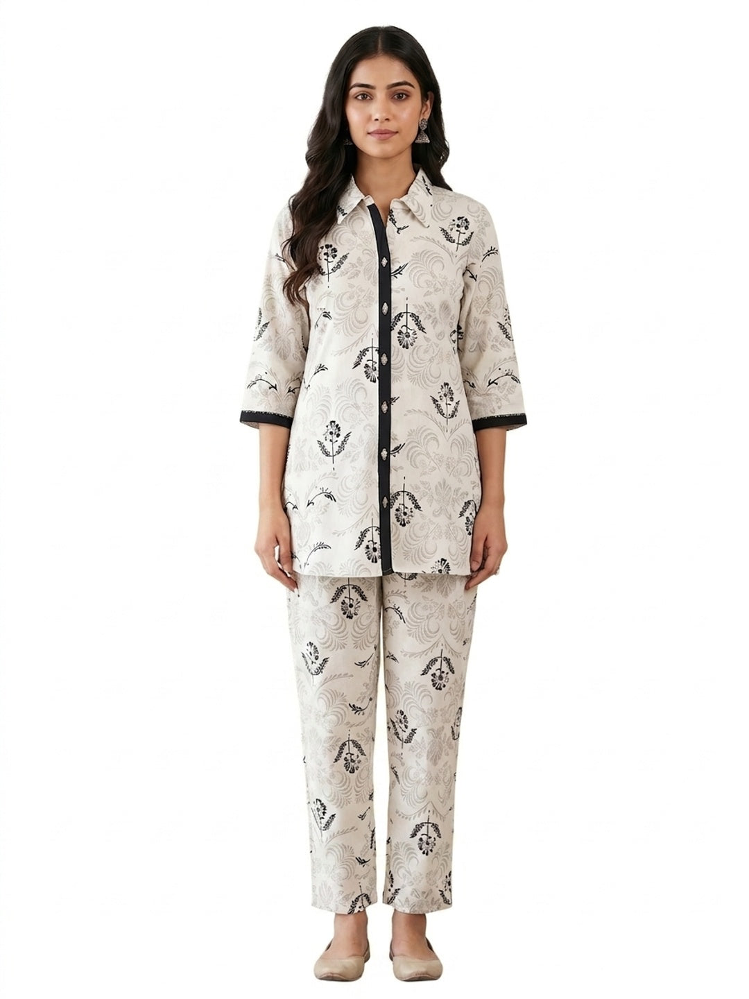 White Cotton Flex Floral Printed Top Bottom Set - Image 4