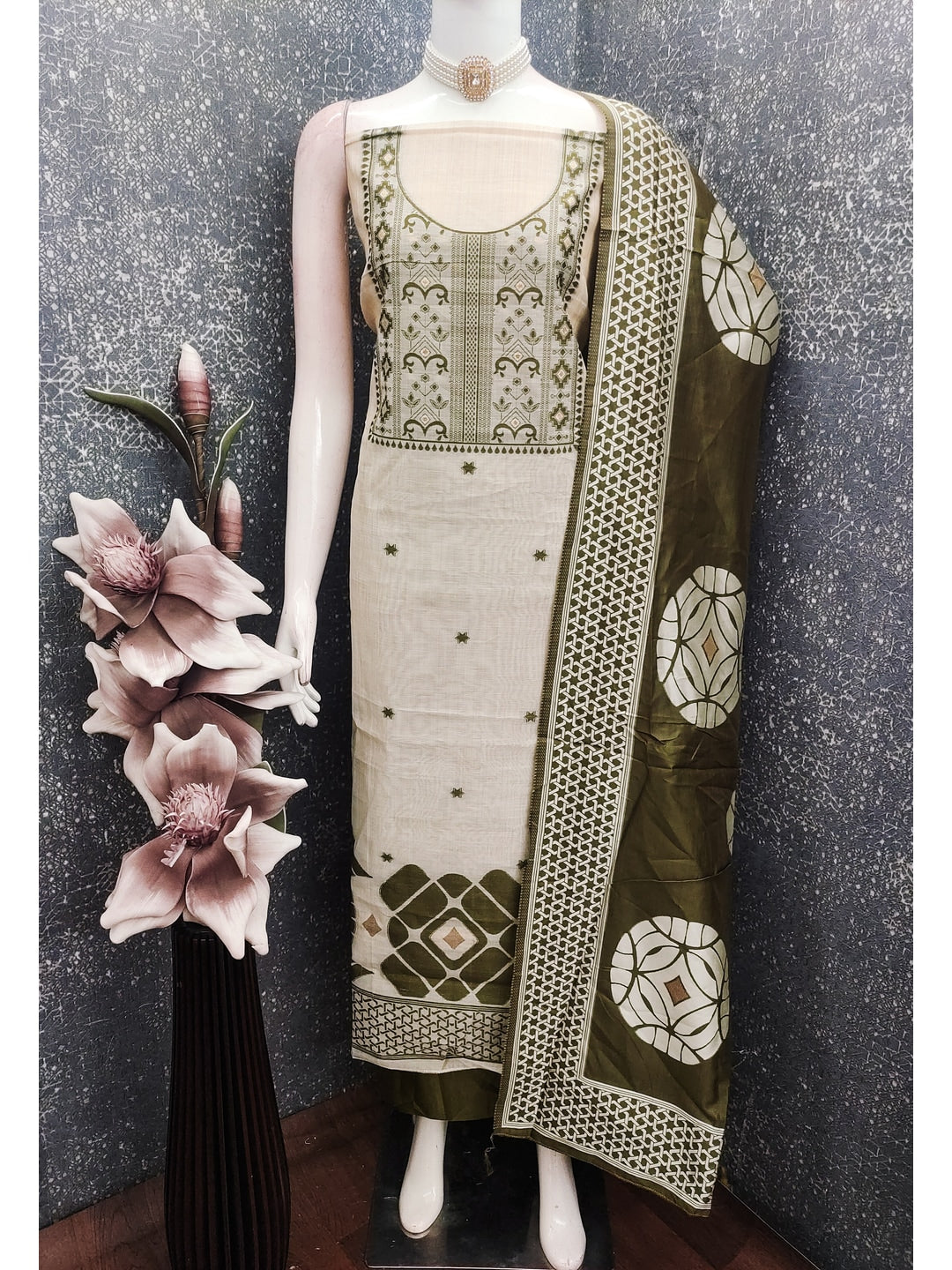 Peachmode Green Cotton Dress Material with Geometric - Image 2