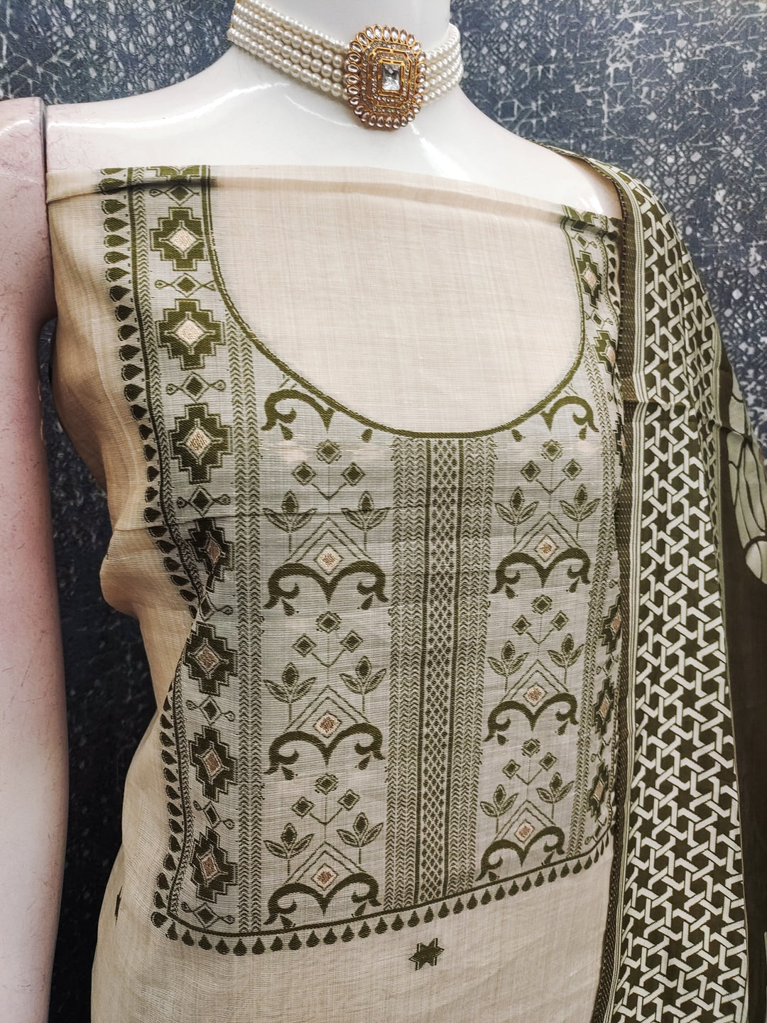 Peachmode Green Cotton Dress Material with Geometric - Image 3