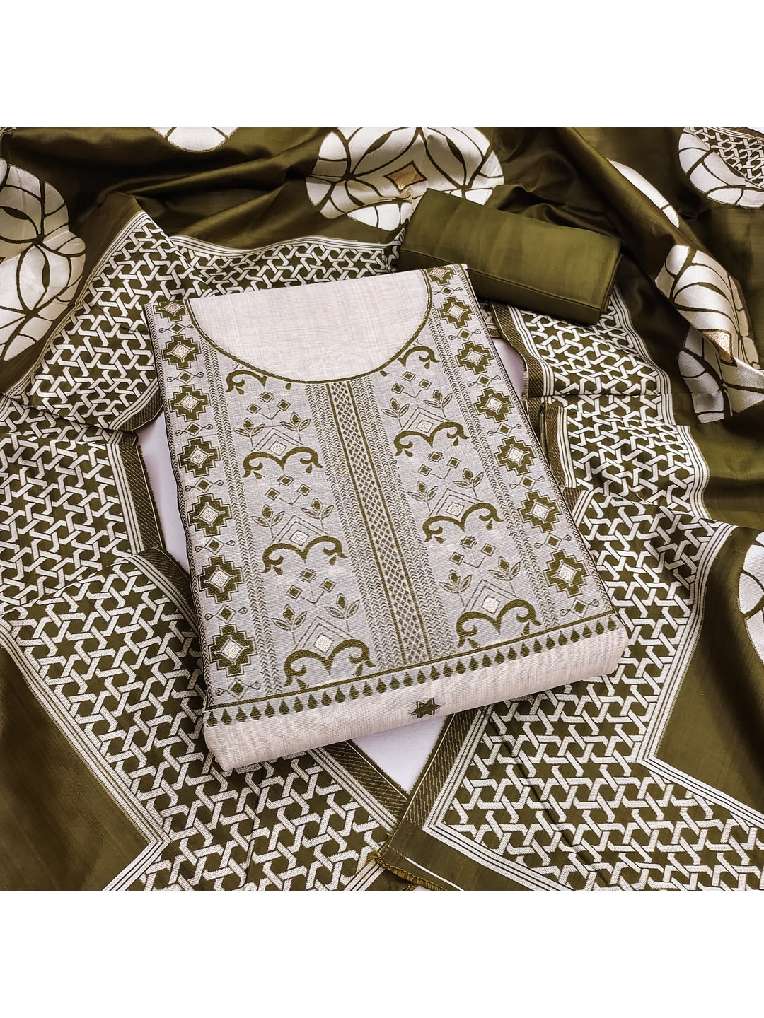 Peachmode Green Cotton Dress Material with Geometric - Image 4