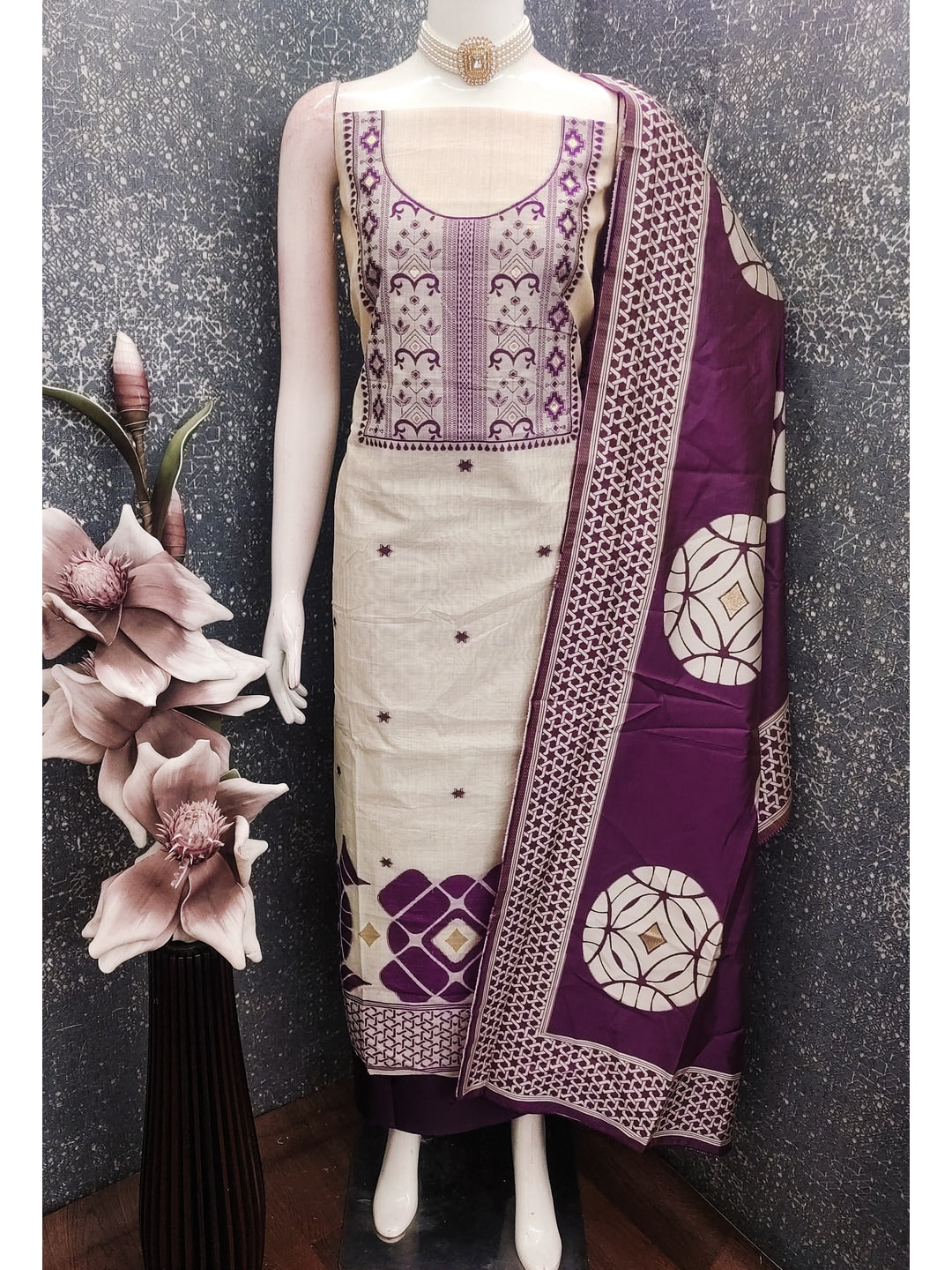 Peachmode Purple Cotton Dress Material with Geometric - Image 2