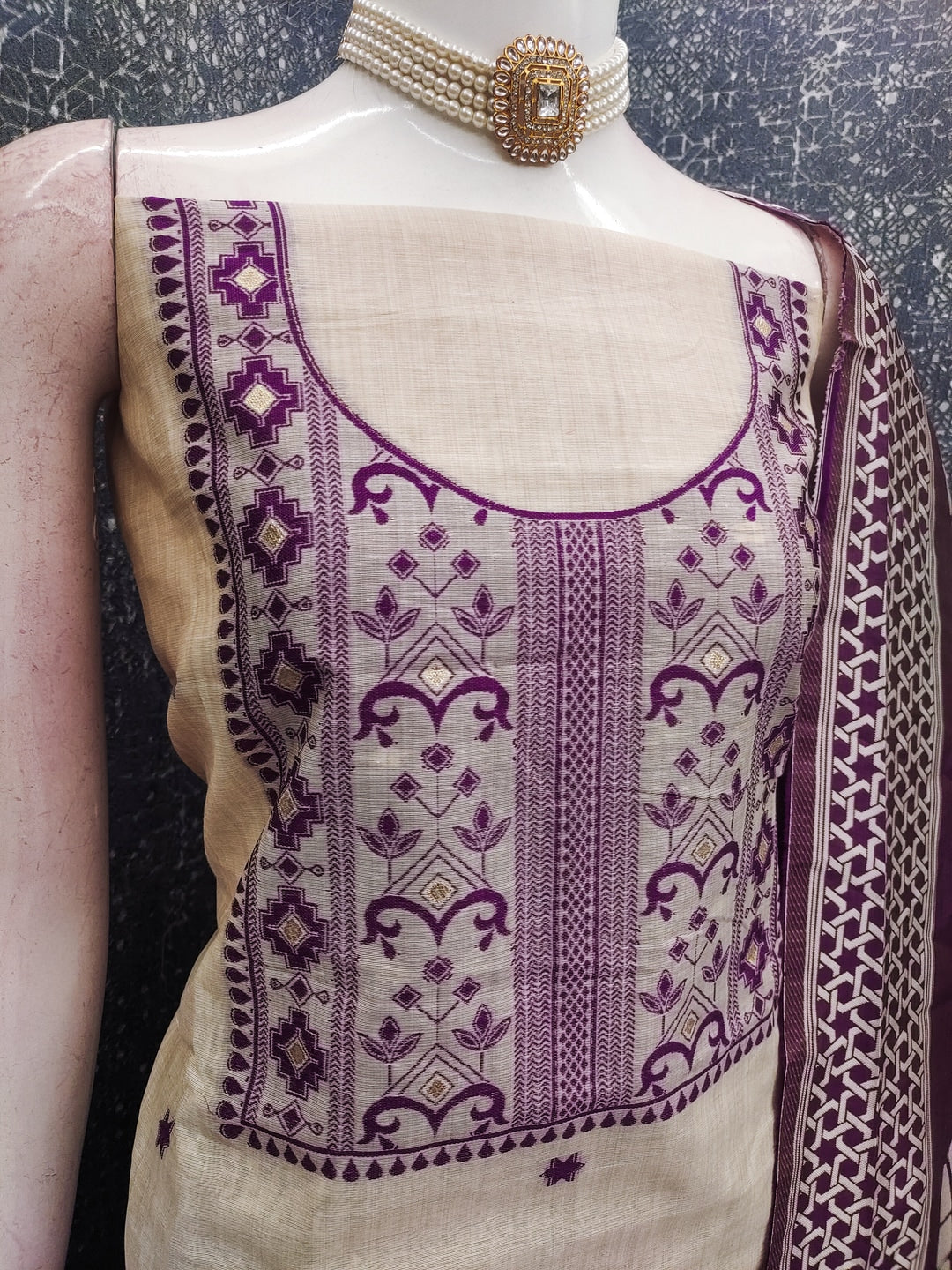 Peachmode Purple Cotton Dress Material with Geometric - Image 3