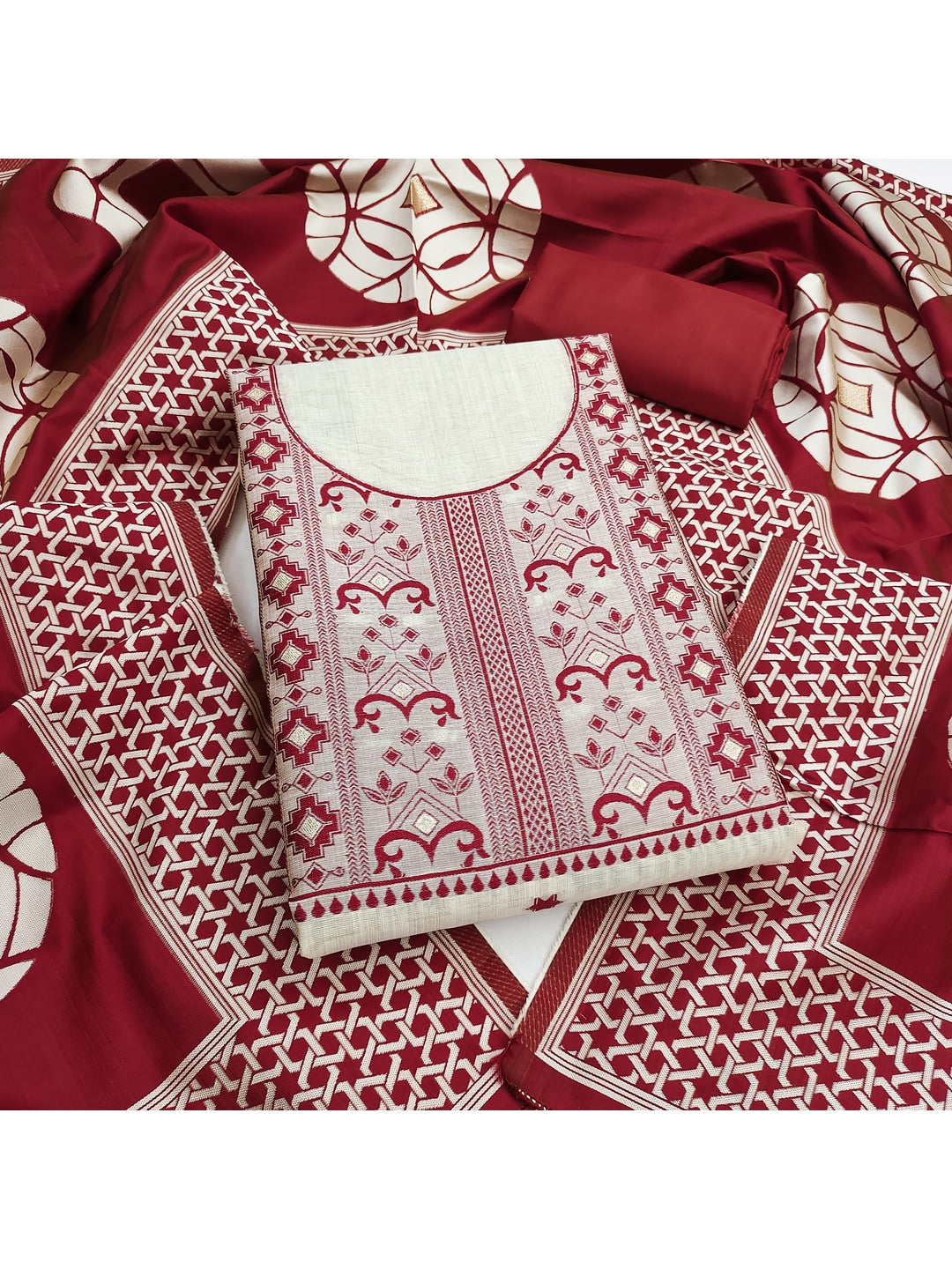Peachmode Red Cotton Dress Material with Geometric - Image 4