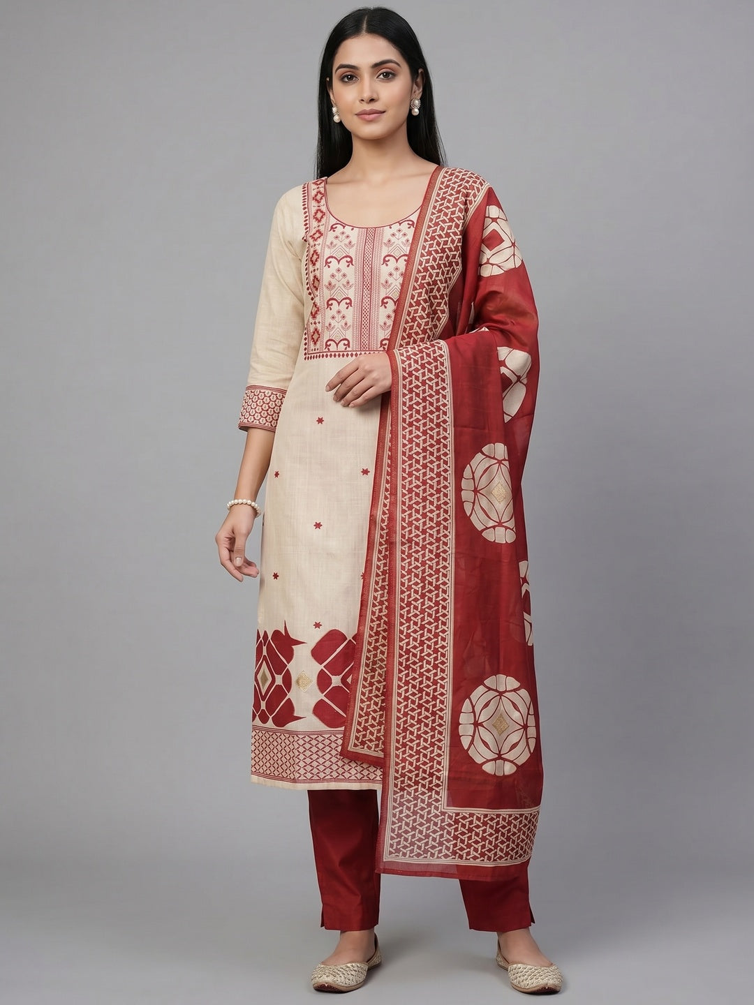 Peachmode Red Cotton Dress Material with Geometric - Image 1