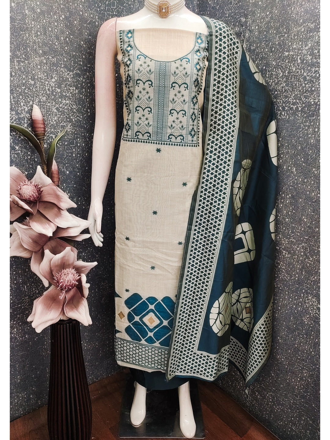 Peachmode Teal Cotton Dress Material with Geometric - Image 2
