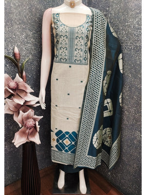 Peachmode Teal Cotton Dress Material with Geometric - Image 2