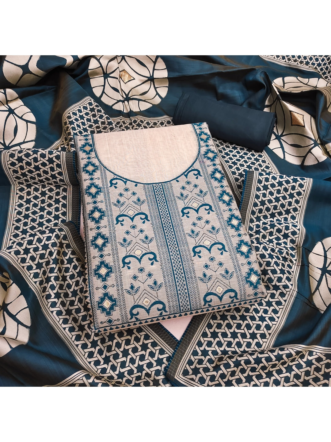 Peachmode Teal Cotton Dress Material with Geometric - Image 4