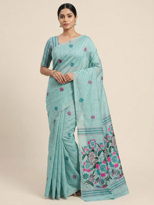 Peachmode Aqua Jamdani Cotton Saree - Image 1