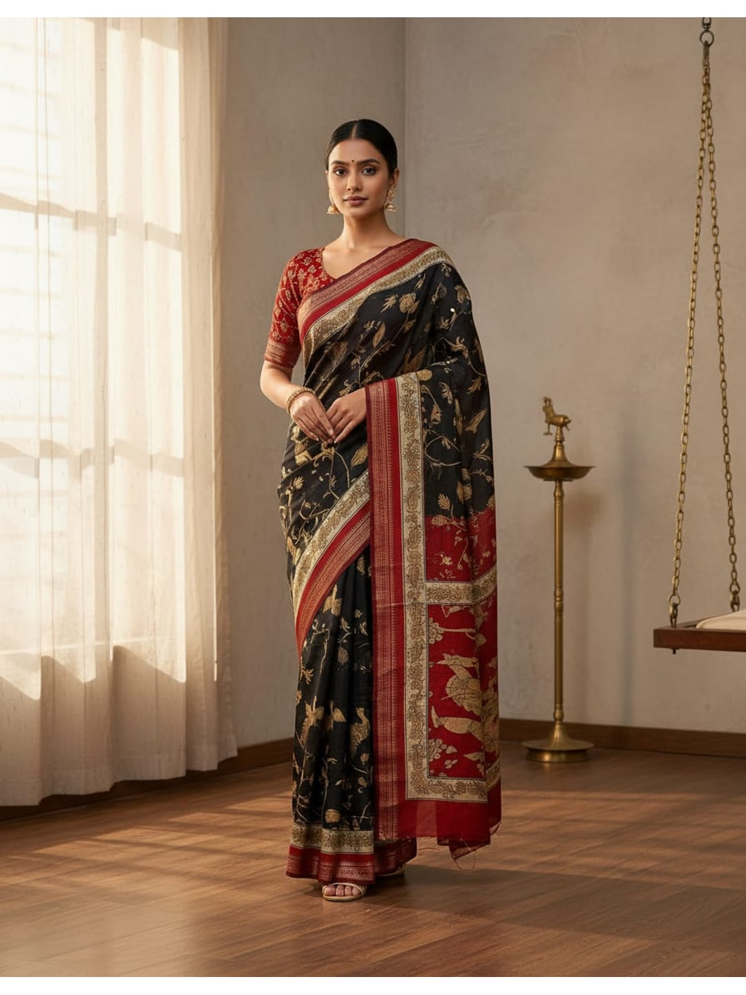 Peachmode Black Mangalagiri Silk Saree - Design A - Image 1