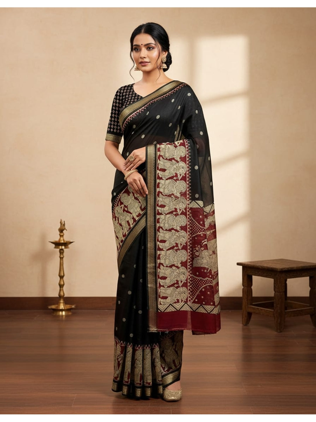 Peachmode Black Mangalagiri Silk Saree - Design B - Image 1