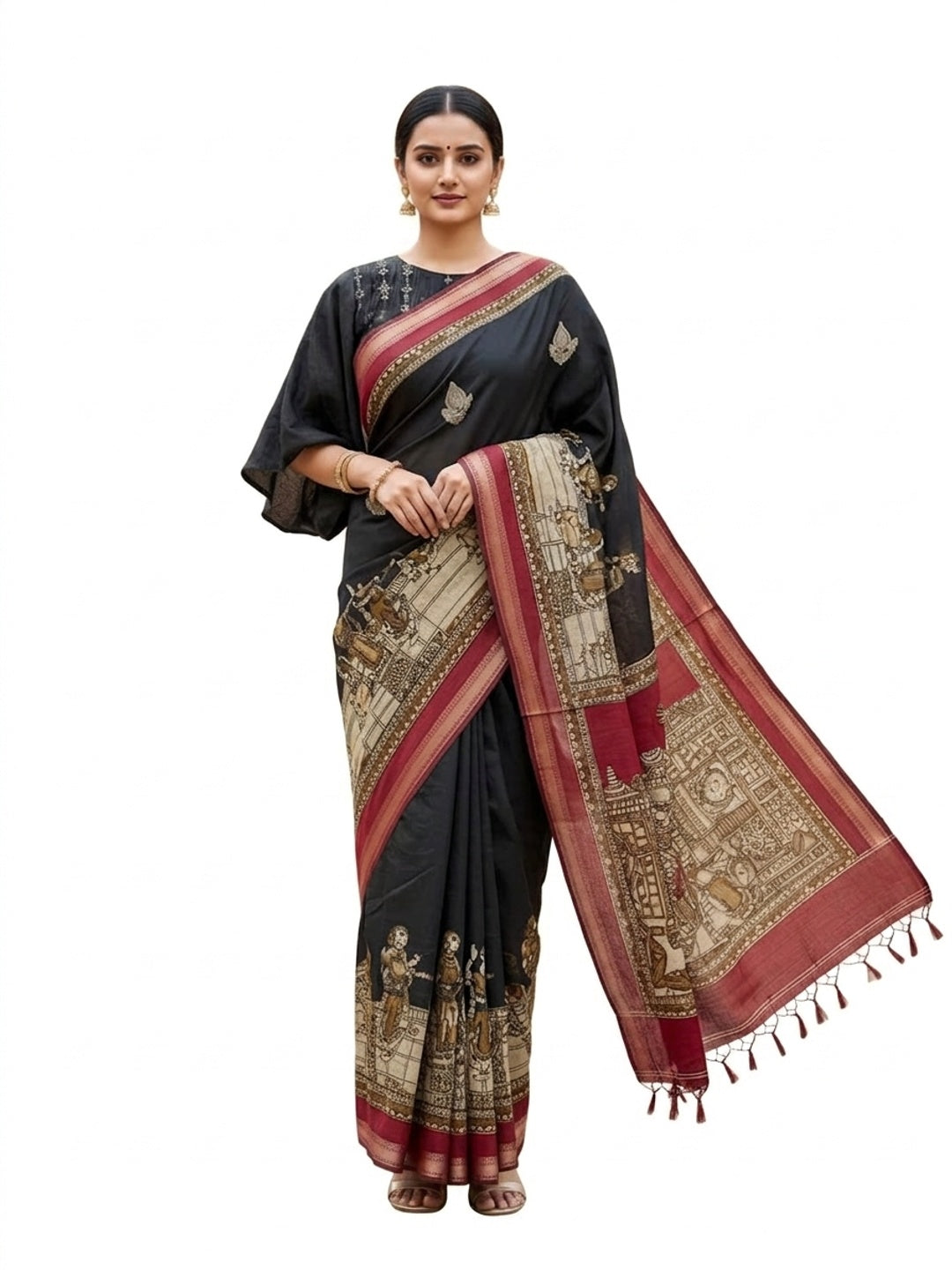 Peachmode Black Mangalagiri Silk Saree - Design C - Image 3