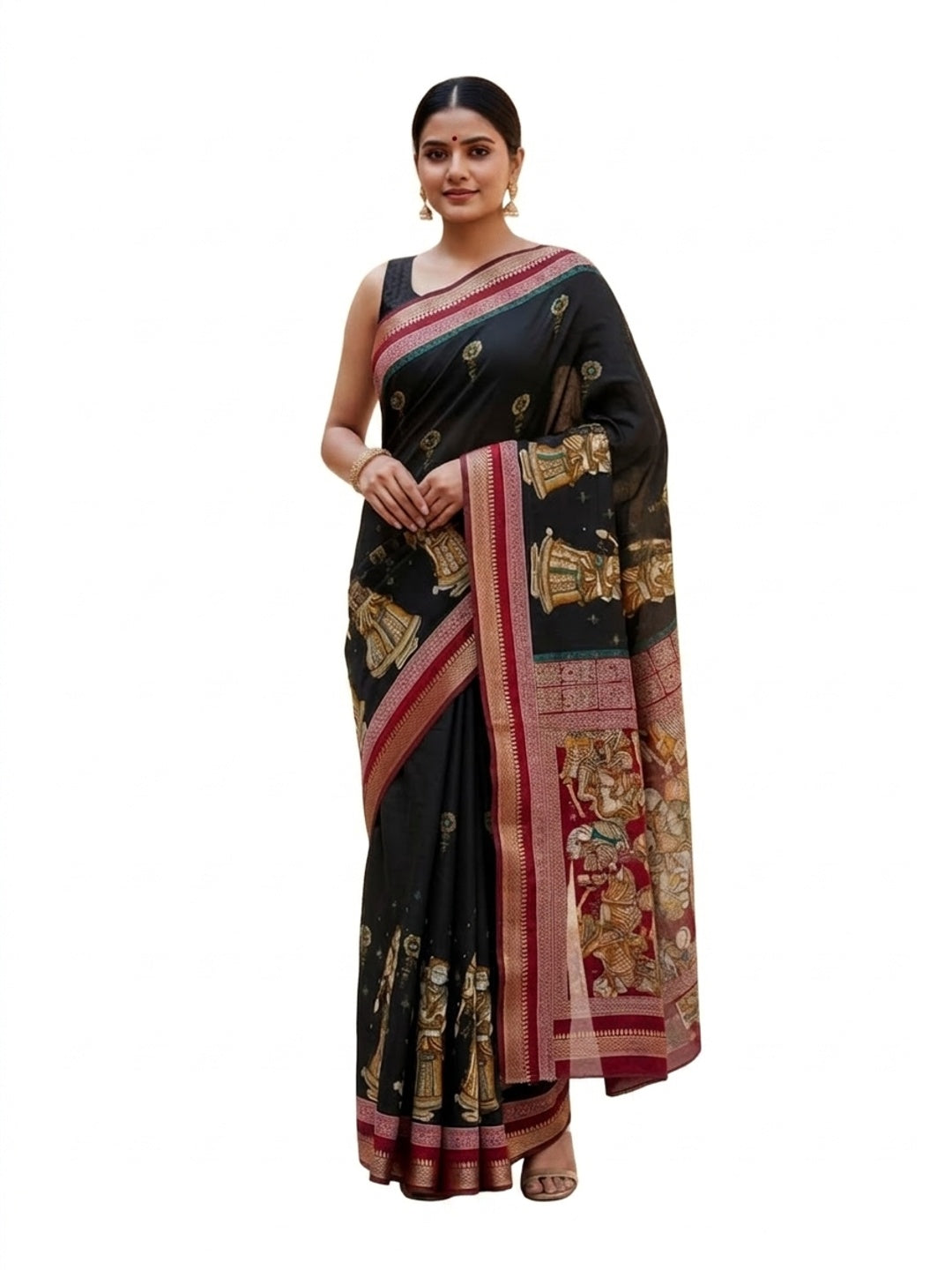 Peachmode Black Mangalagiri Silk Saree - Design E - Image 2