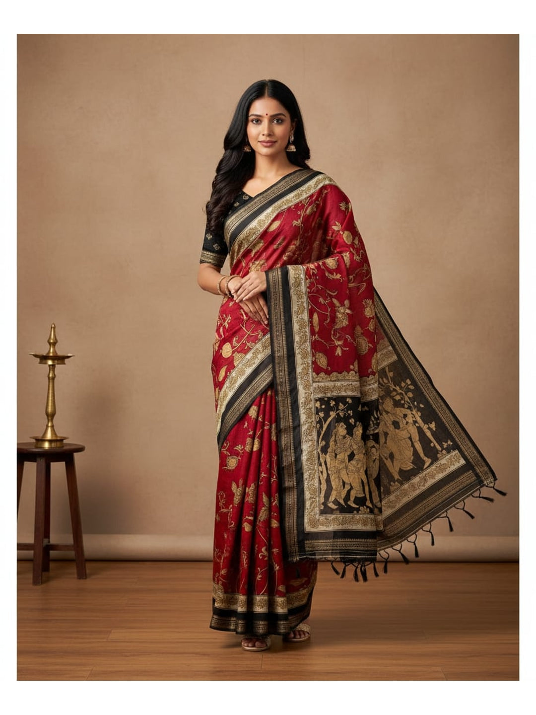 Peachmode Red Mangalagiri Silk Saree - Design A - Image 1