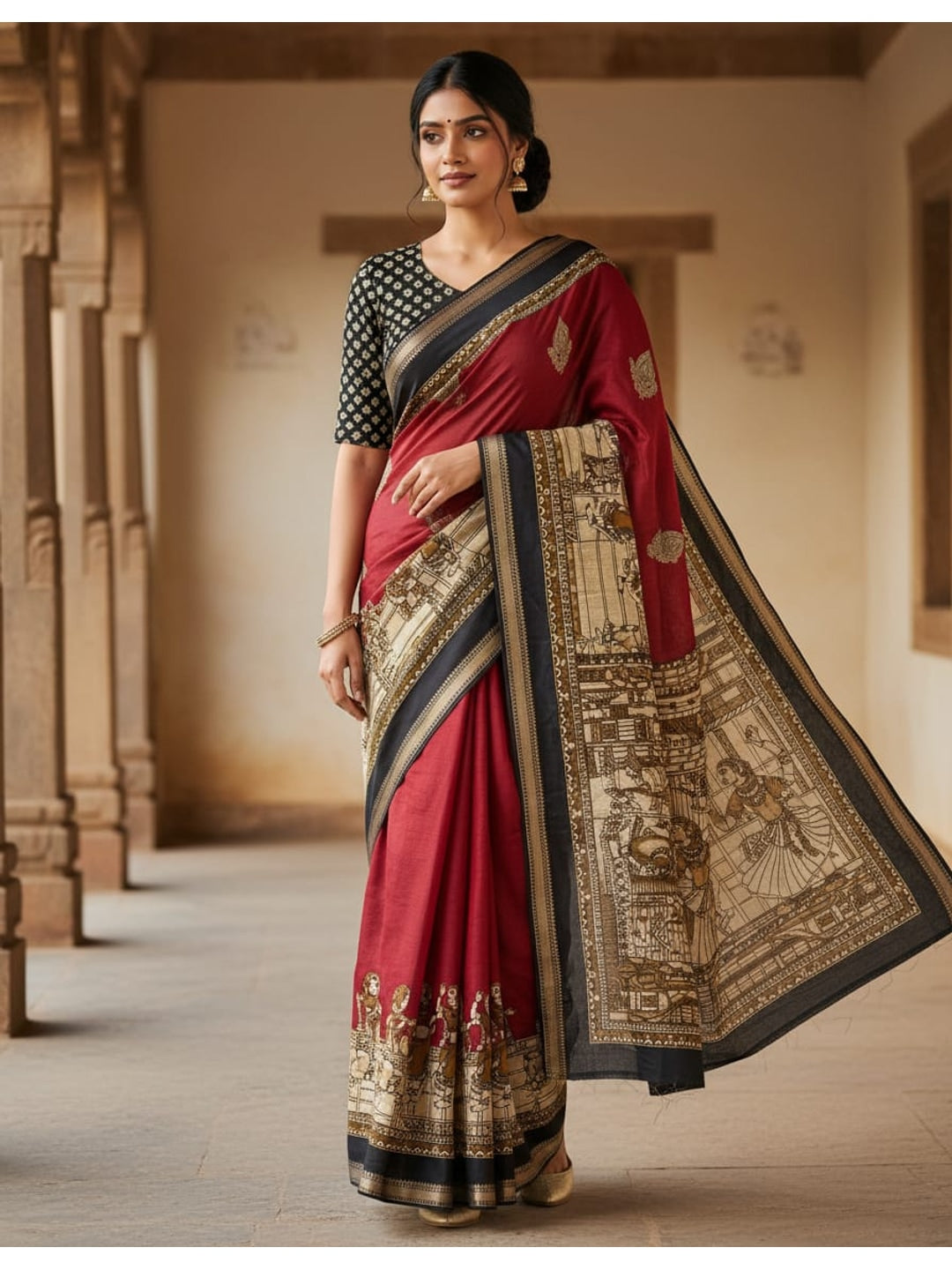 Peachmode Red Mangalagiri Silk Saree - Design C - Image 1