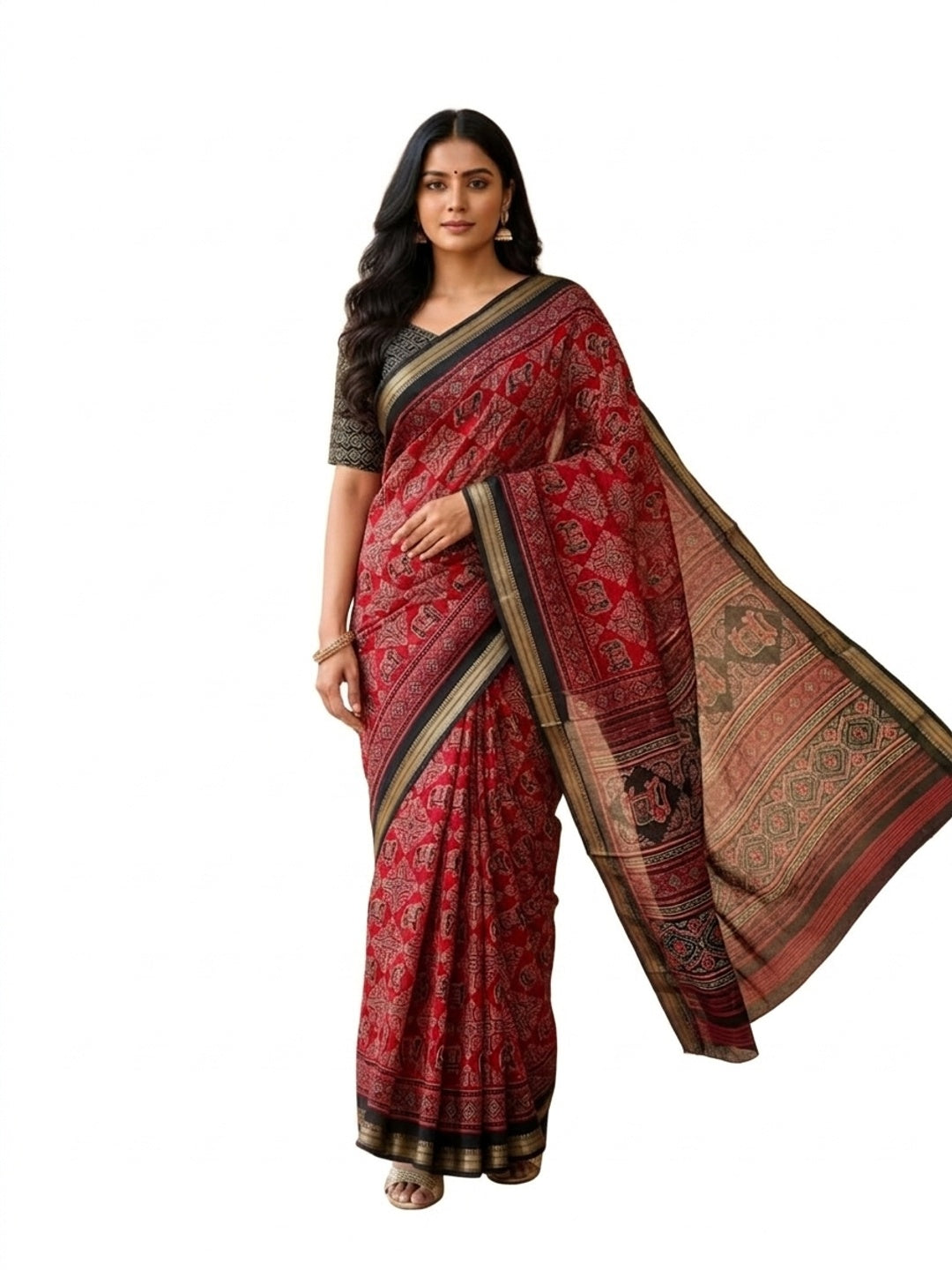 Peachmode Red Mangalagiri Silk Saree - Design D - Image 3