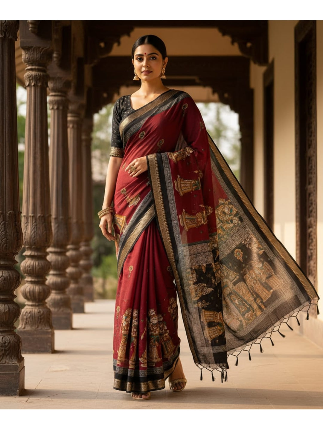 Peachmode Red Mangalagiri Silk Saree - Design E - Image 1