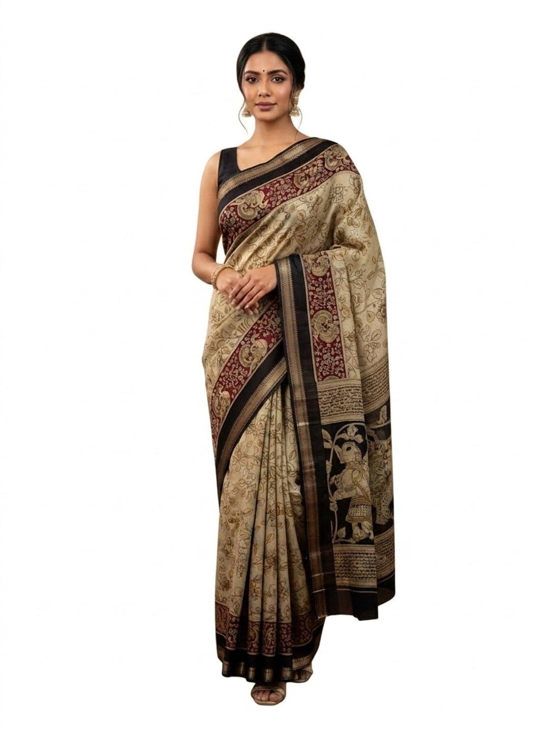 Peachmode Beige Mangalagiri Silk Saree with Black Border - Image 3
