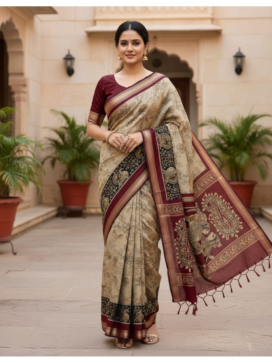 Peachmode Beige Mangalagiri Silk Saree with Red Border - Image 1