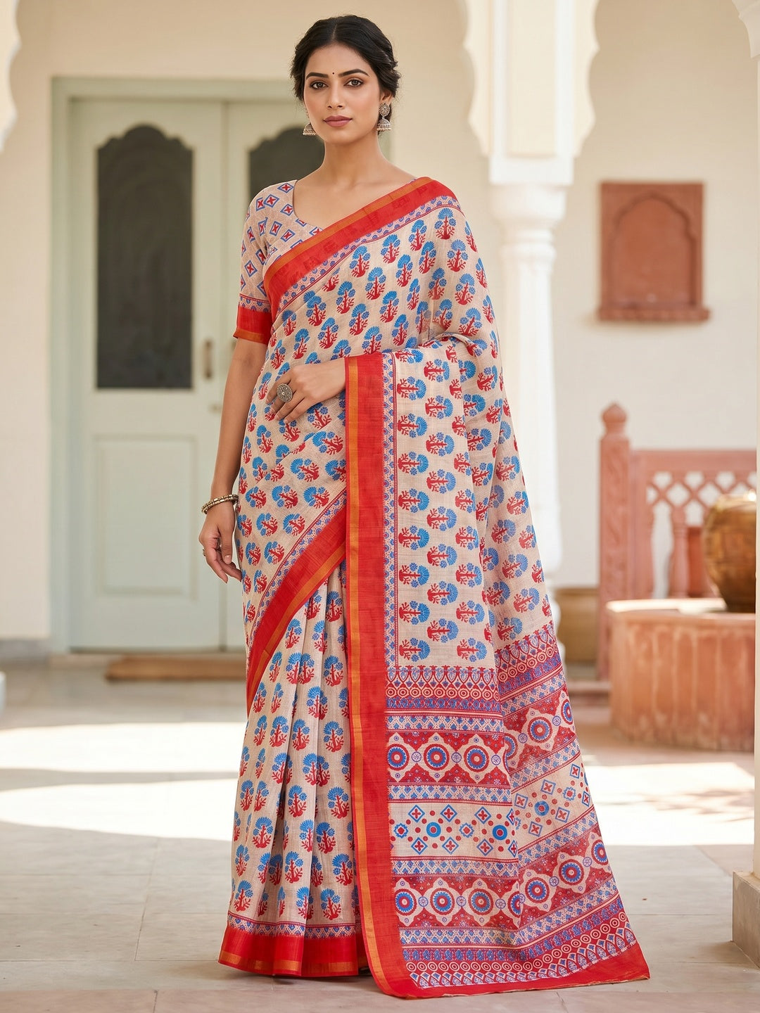 Peachmode Beige Soft Linen Saree - Lisa Linen - Image 1