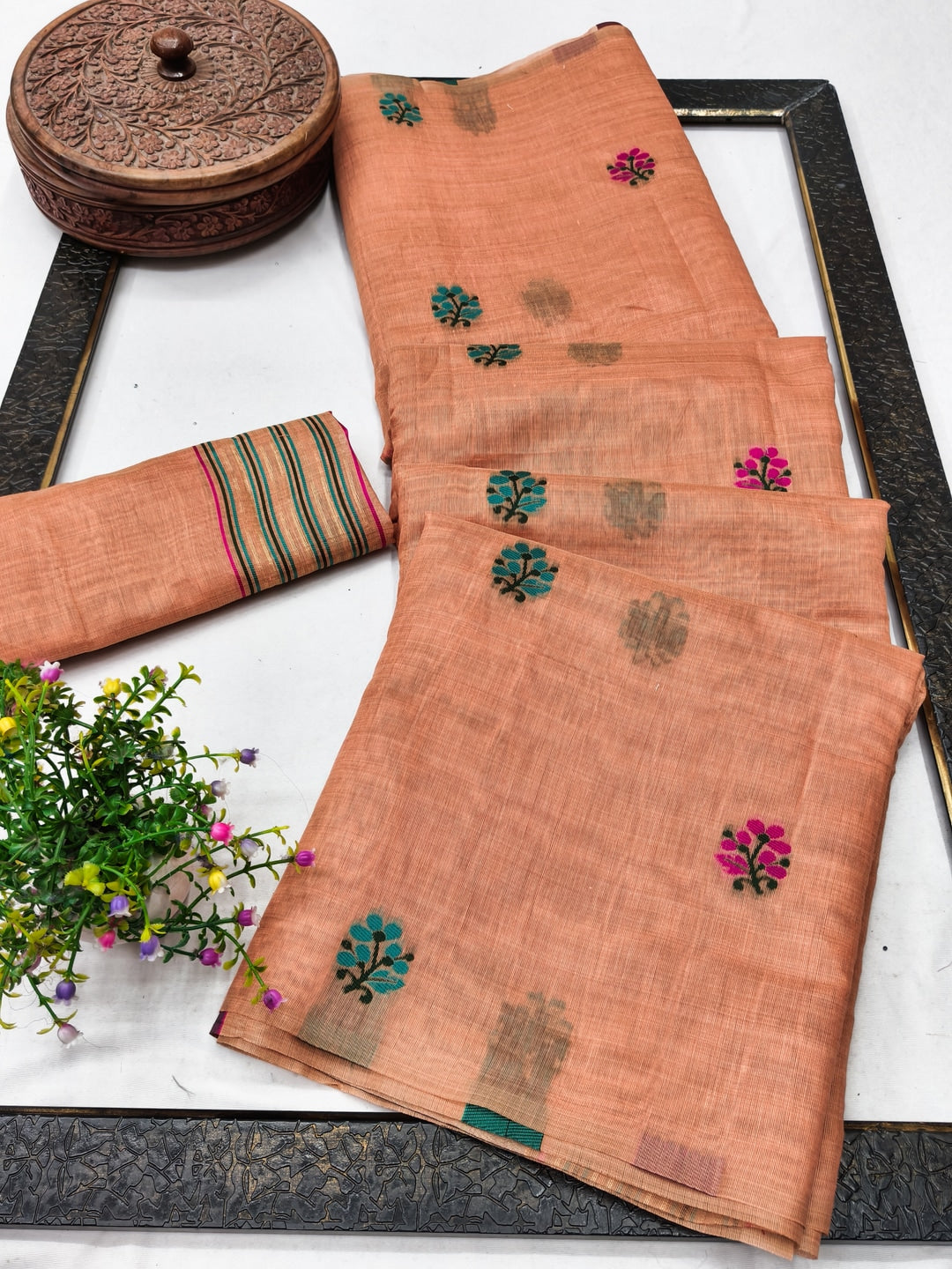 Peachmode Peach Jamdani Cotton Saree - Image 3