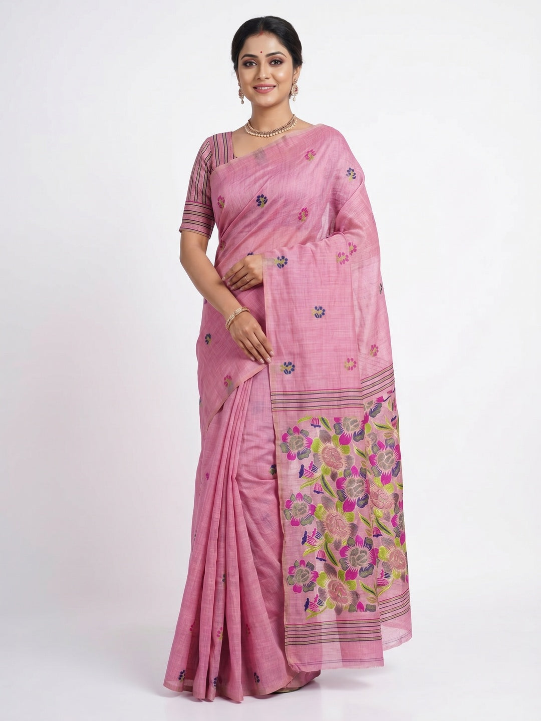 Peachmode Pink Jamdani Cotton Saree - Image 1