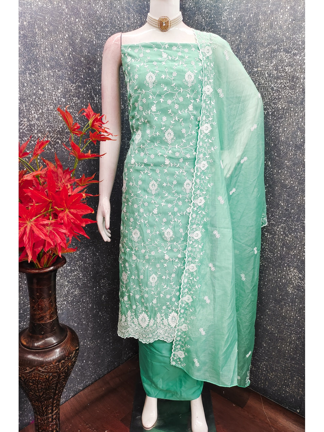 Peachmode Mint Green Chanderi Dress Material with Floral Embroidery - Image 2
